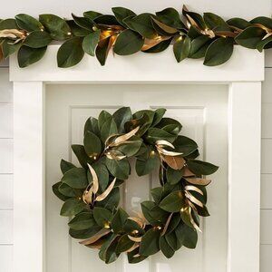 Pottery Barn Pre-Lit Gold-Leaf Magnolia Wreath & Garland